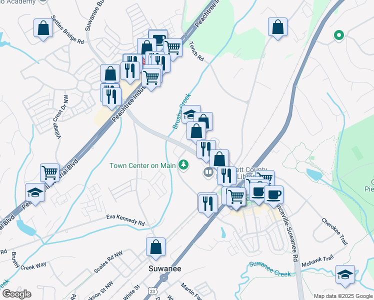 map of restaurants, bars, coffee shops, grocery stores, and more near 4200 Suwanee Dam Road Northwest in Suwanee