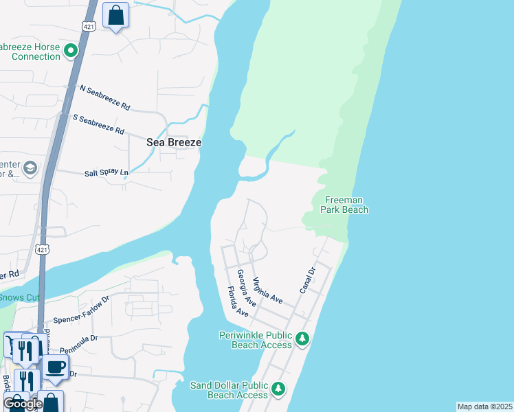 map of restaurants, bars, coffee shops, grocery stores, and more near 423 Oceana Way in Carolina Beach
