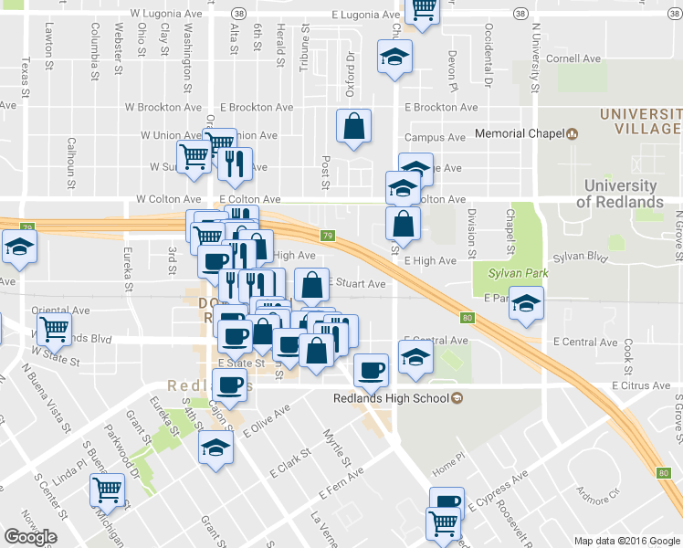 map of restaurants, bars, coffee shops, grocery stores, and more near 519 East Stuart Avenue in Redlands