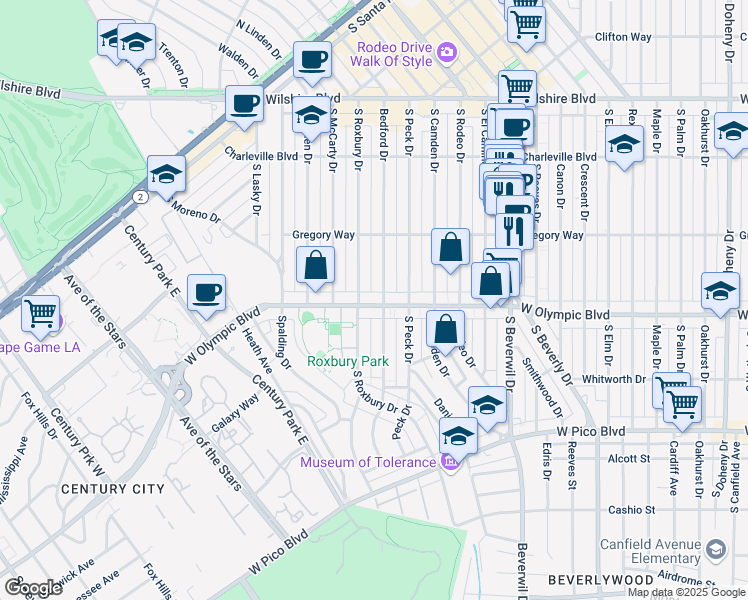 map of restaurants, bars, coffee shops, grocery stores, and more near 9645 West Olympic Boulevard in Beverly Hills