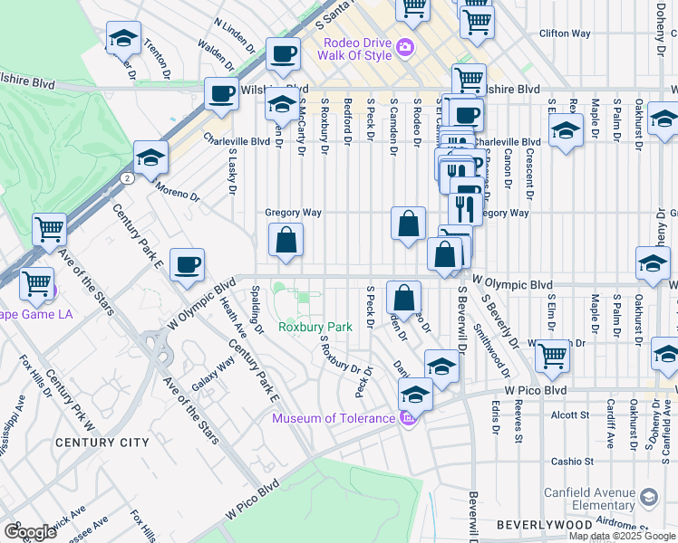 map of restaurants, bars, coffee shops, grocery stores, and more near 9645 West Olympic Boulevard in Beverly Hills