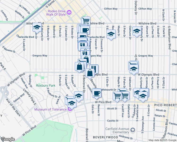 map of restaurants, bars, coffee shops, grocery stores, and more near 346 South Reeves Drive in Beverly Hills