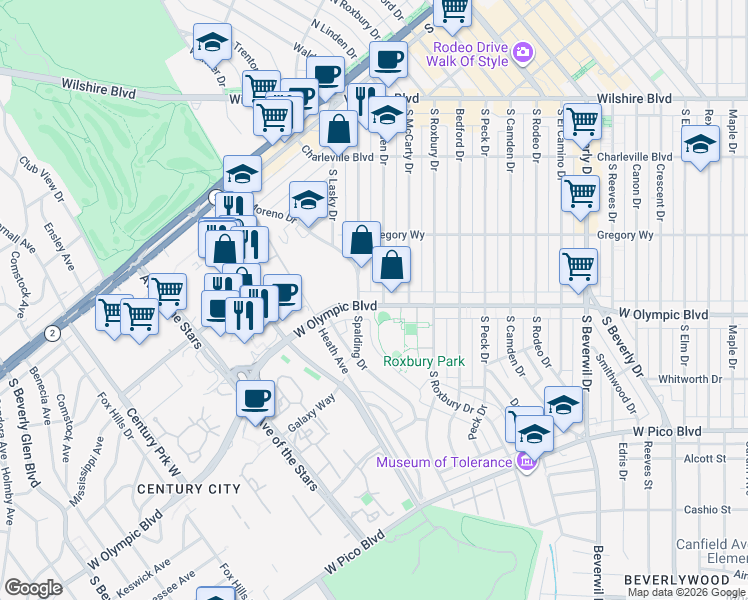 map of restaurants, bars, coffee shops, grocery stores, and more near 9741 West Olympic Boulevard in Beverly Hills
