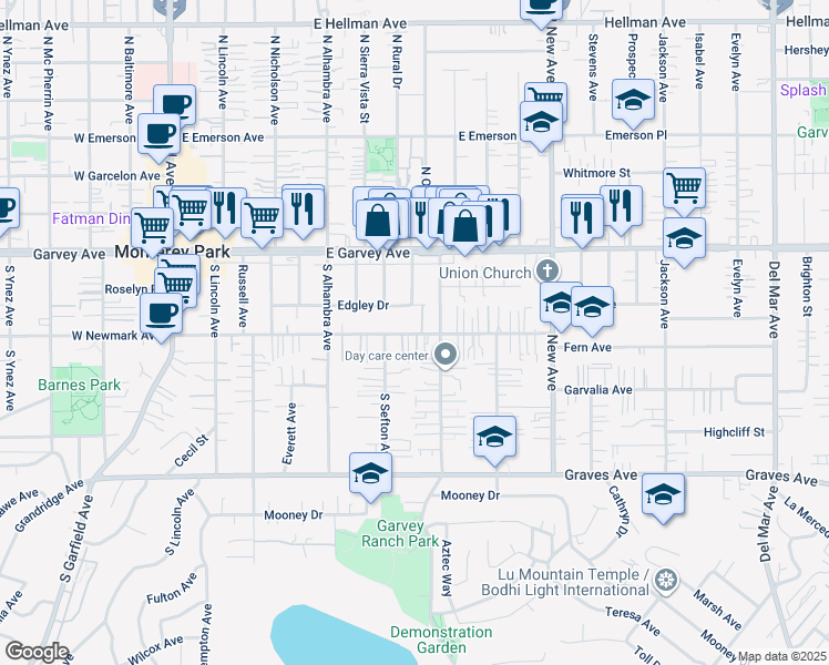 map of restaurants, bars, coffee shops, grocery stores, and more near 607 East Newmark Avenue in Monterey Park