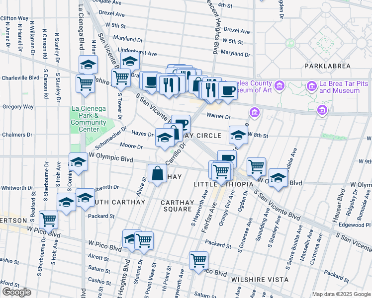 map of restaurants, bars, coffee shops, grocery stores, and more near 6283 Commodore Sloat Drive in Los Angeles