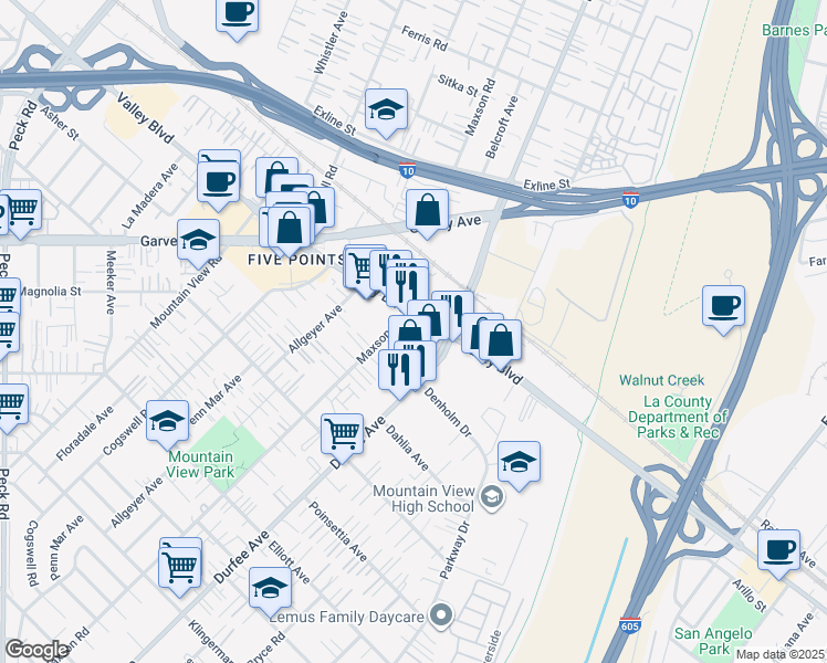 map of restaurants, bars, coffee shops, grocery stores, and more near 12226 East Valley Boulevard in El Monte