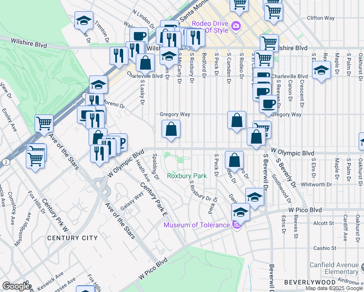 map of restaurants, bars, coffee shops, grocery stores, and more near 350 South McCarty Drive in Beverly Hills