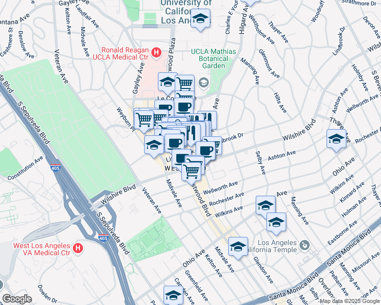 map of restaurants, bars, coffee shops, grocery stores, and more near Glendon Ave & Lindbrook Dr in Los Angeles