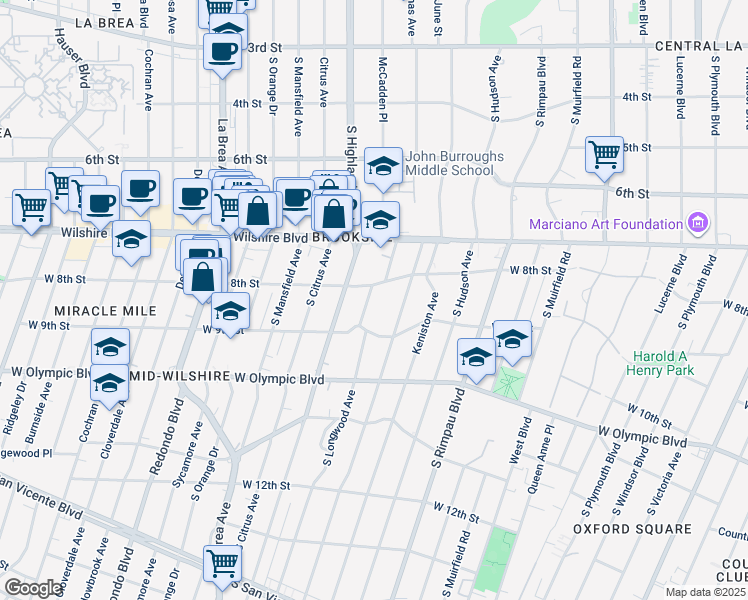 map of restaurants, bars, coffee shops, grocery stores, and more near 816 South Longwood Avenue in Los Angeles