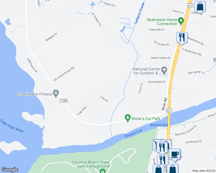map of restaurants, bars, coffee shops, grocery stores, and more near 7749 Cypress Island Drive in Wilmington