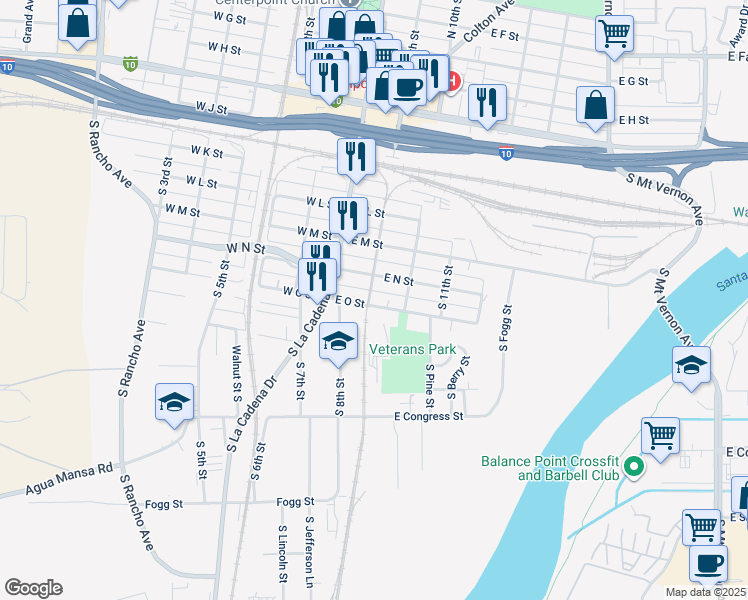 map of restaurants, bars, coffee shops, grocery stores, and more near 207 East O Street in Colton