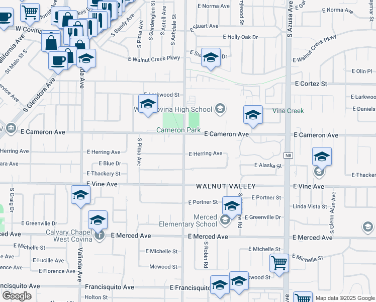 map of restaurants, bars, coffee shops, grocery stores, and more near 820 South Lark Ellen Avenue in West Covina