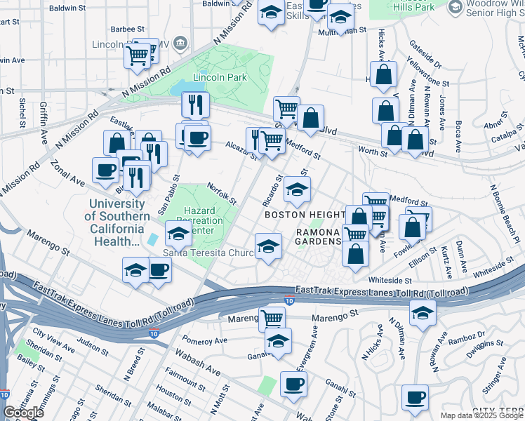 map of restaurants, bars, coffee shops, grocery stores, and more near Ricardo Street in Los Angeles