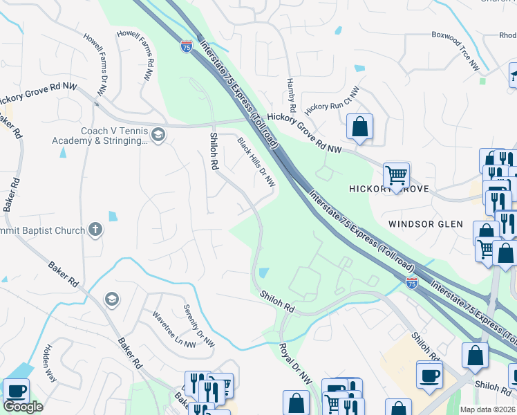 map of restaurants, bars, coffee shops, grocery stores, and more near 4419 Black Hills Drive Northwest in Acworth