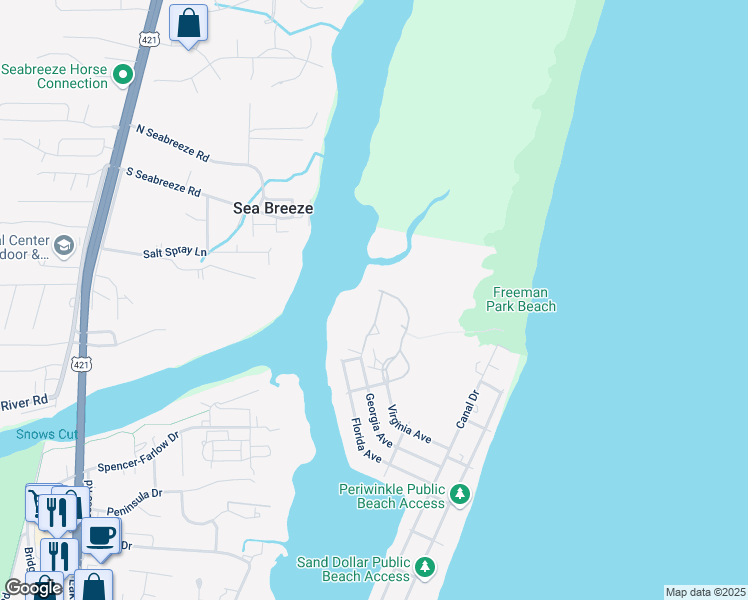 map of restaurants, bars, coffee shops, grocery stores, and more near 419 Marina Street in Carolina Beach
