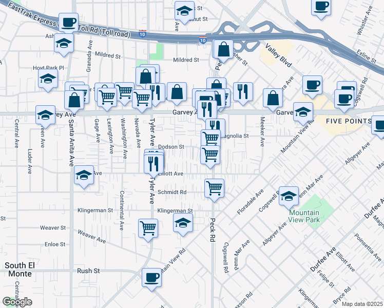 map of restaurants, bars, coffee shops, grocery stores, and more near 11209 Dodson Street in South El Monte