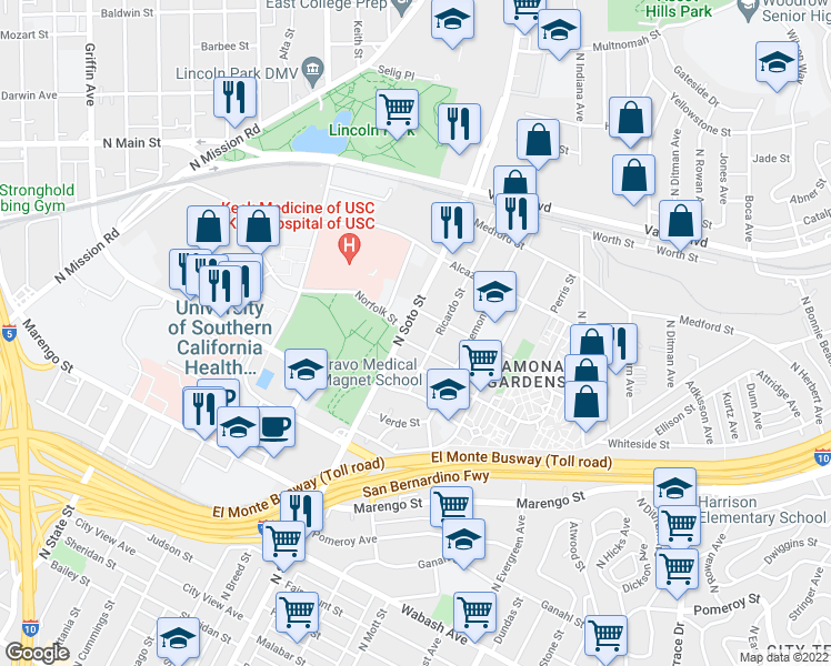 map of restaurants, bars, coffee shops, grocery stores, and more near 1450 North Soto Street in Los Angeles