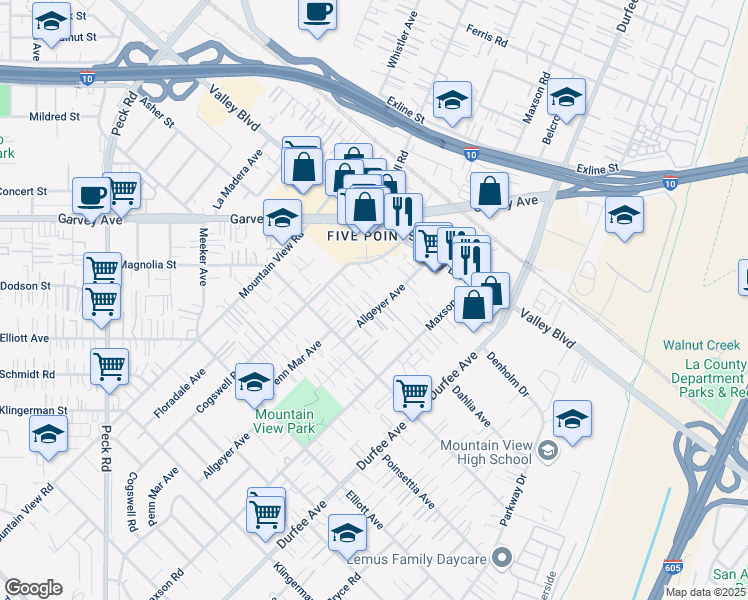 map of restaurants, bars, coffee shops, grocery stores, and more near 2941 Allgeyer Avenue in El Monte
