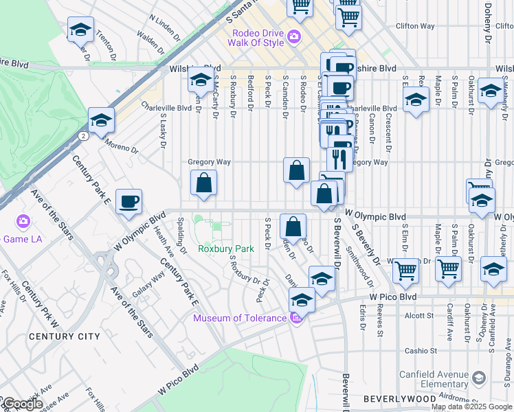 map of restaurants, bars, coffee shops, grocery stores, and more near 9619 West Olympic Boulevard in Beverly Hills