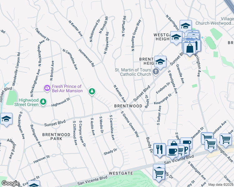 map of restaurants, bars, coffee shops, grocery stores, and more near 140 Homewood Road in Los Angeles