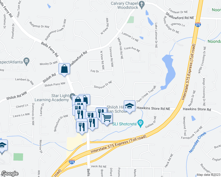map of restaurants, bars, coffee shops, grocery stores, and more near 4450 Scott Drive in Kennesaw