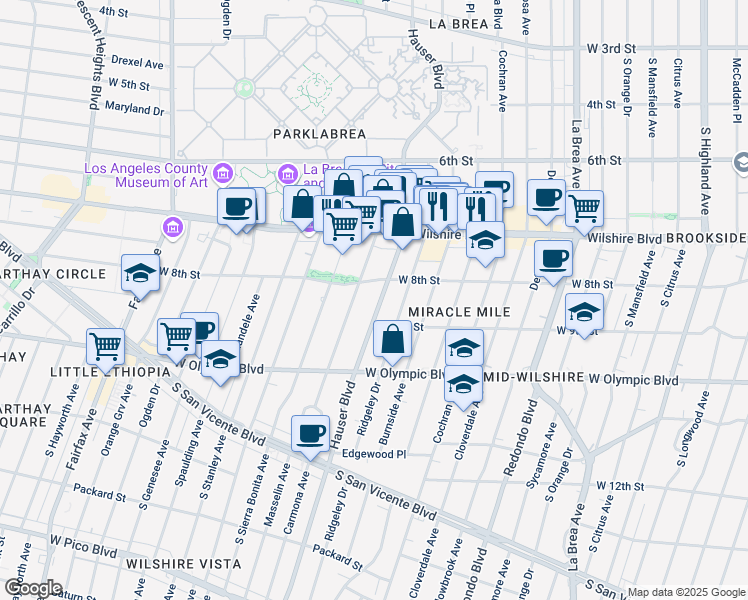 map of restaurants, bars, coffee shops, grocery stores, and more near 802 Masselin Avenue in Los Angeles