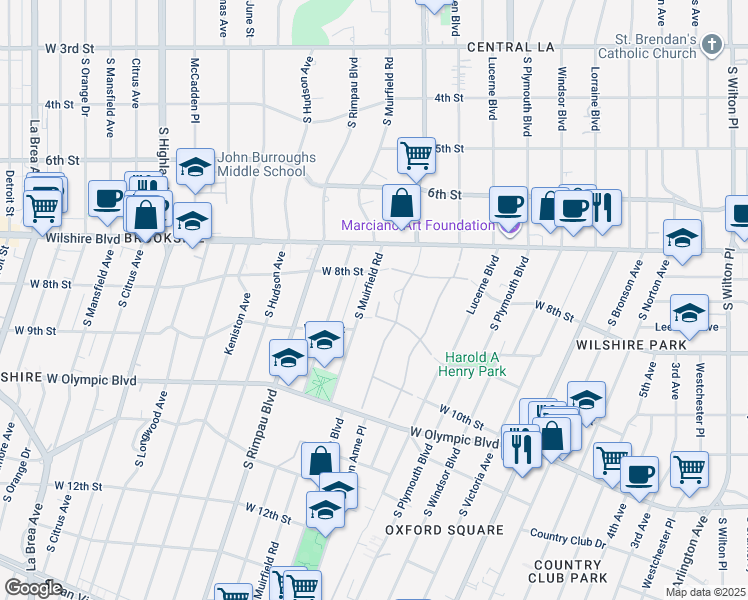 map of restaurants, bars, coffee shops, grocery stores, and more near 832 South Muirfield Road in Los Angeles