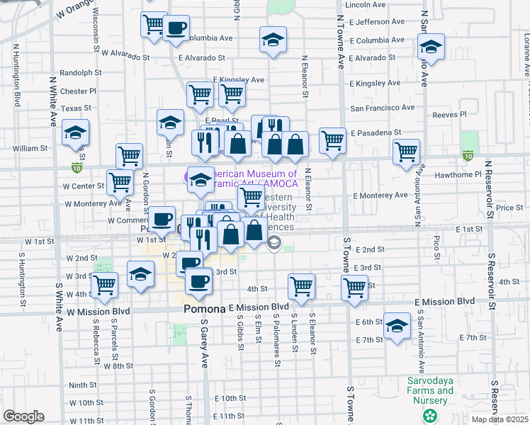 map of restaurants, bars, coffee shops, grocery stores, and more near 250 East Monterey Avenue in Pomona