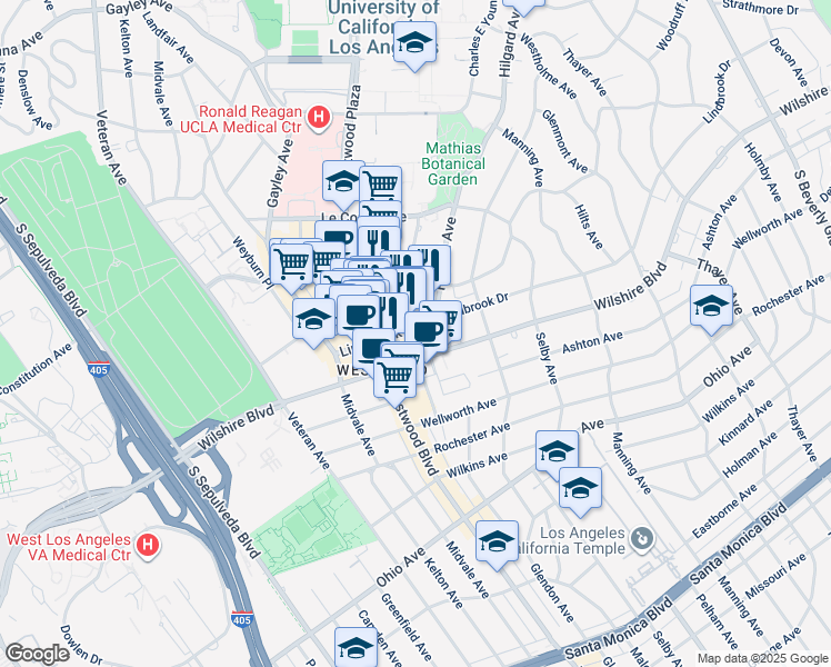 map of restaurants, bars, coffee shops, grocery stores, and more near 1052 Tiverton Avenue in Los Angeles