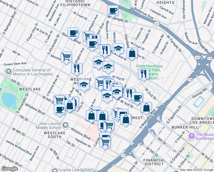 map of restaurants, bars, coffee shops, grocery stores, and more near 261 Witmer Street in Los Angeles