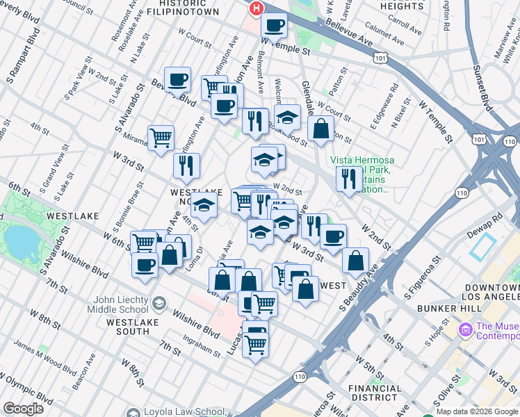 map of restaurants, bars, coffee shops, grocery stores, and more near 261 Witmer Street in Los Angeles