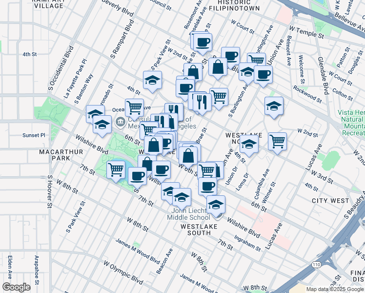 map of restaurants, bars, coffee shops, grocery stores, and more near 420 South Westlake Avenue in Los Angeles