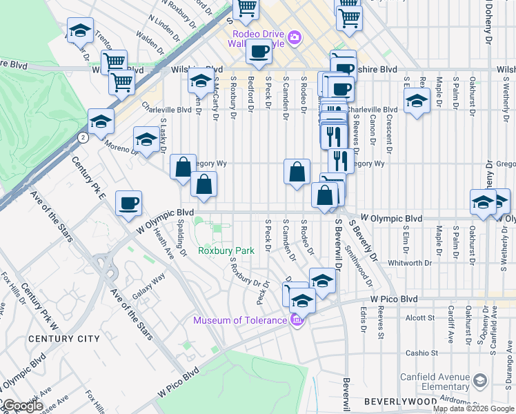 map of restaurants, bars, coffee shops, grocery stores, and more near 9619 West Olympic Boulevard in Beverly Hills