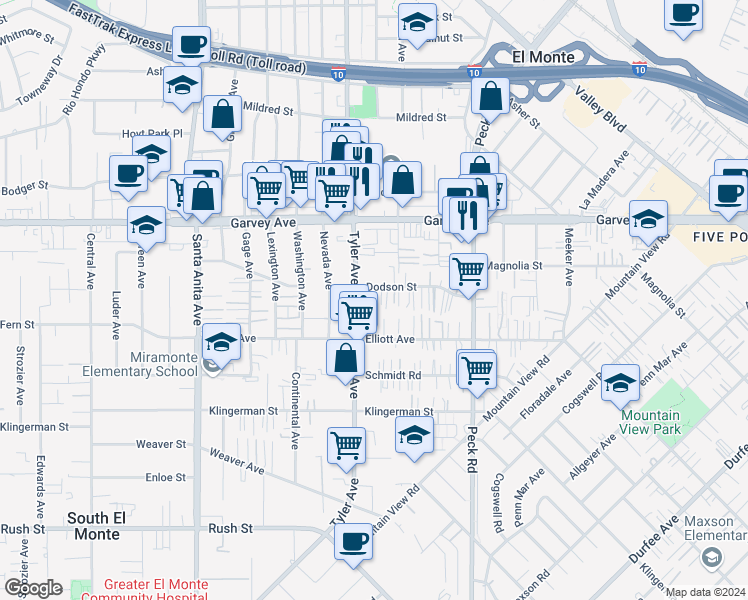 map of restaurants, bars, coffee shops, grocery stores, and more near 2646 Tyler Avenue in El Monte