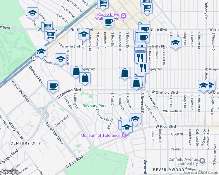 map of restaurants, bars, coffee shops, grocery stores, and more near 9609 West Olympic Boulevard in Beverly Hills