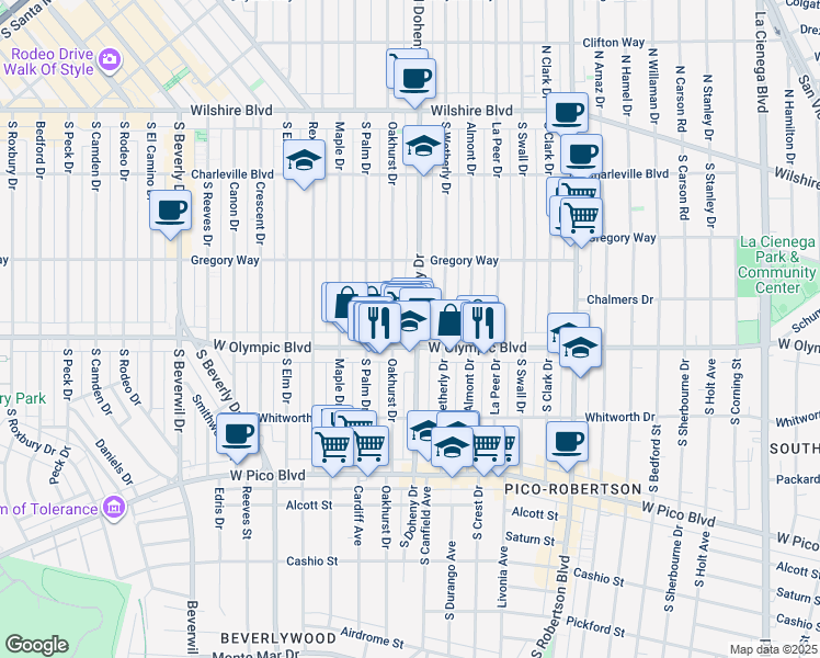 map of restaurants, bars, coffee shops, grocery stores, and more near 363 South Doheny Drive in Beverly Hills