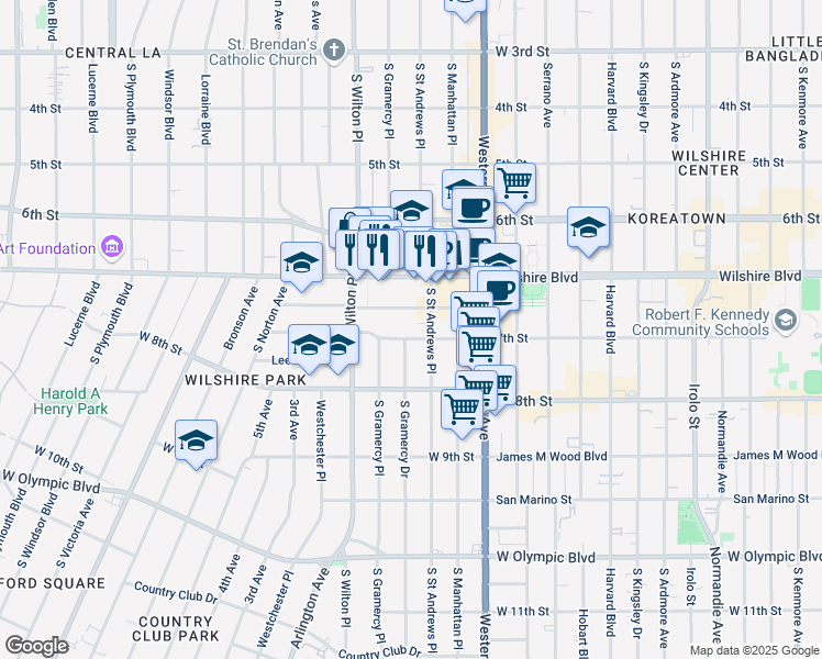 map of restaurants, bars, coffee shops, grocery stores, and more near 3915 West 7th Street in Los Angeles