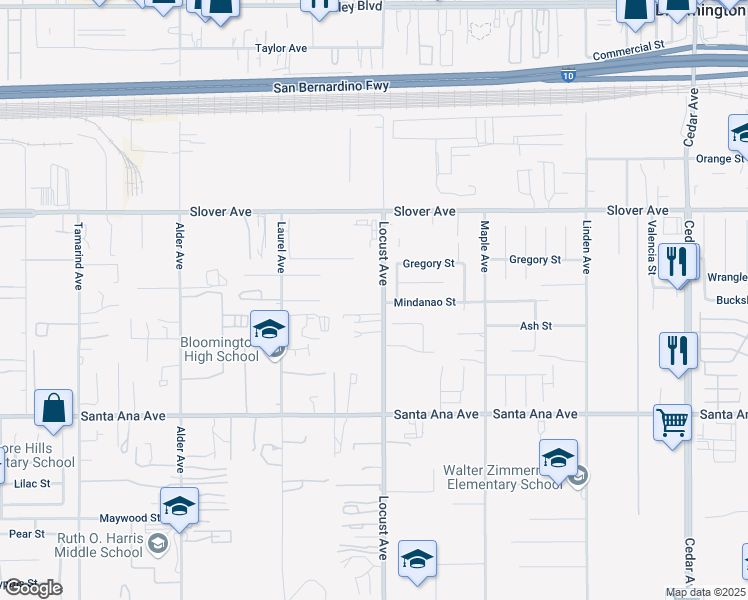 map of restaurants, bars, coffee shops, grocery stores, and more near 10674 Locust Avenue in Bloomington