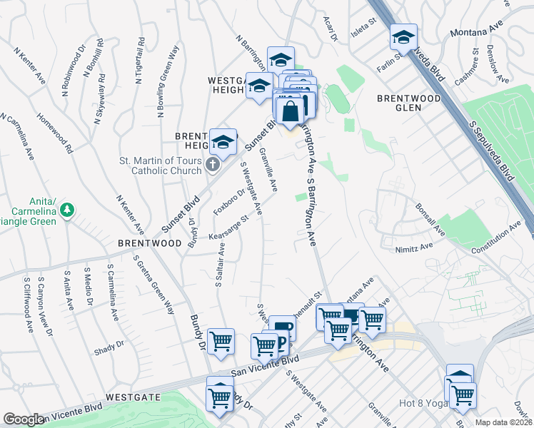 map of restaurants, bars, coffee shops, grocery stores, and more near 210 South Westgate Avenue in Los Angeles