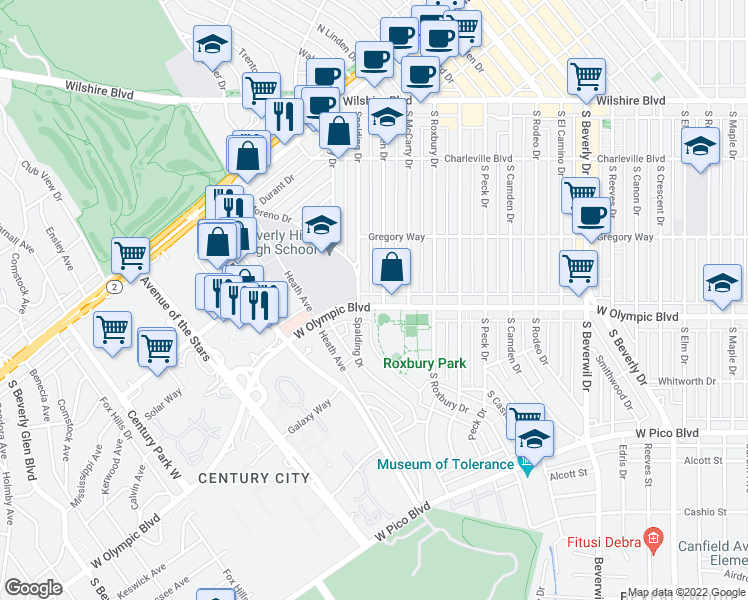map of restaurants, bars, coffee shops, grocery stores, and more near 2 West Olympic Boulevard in Beverly Hills