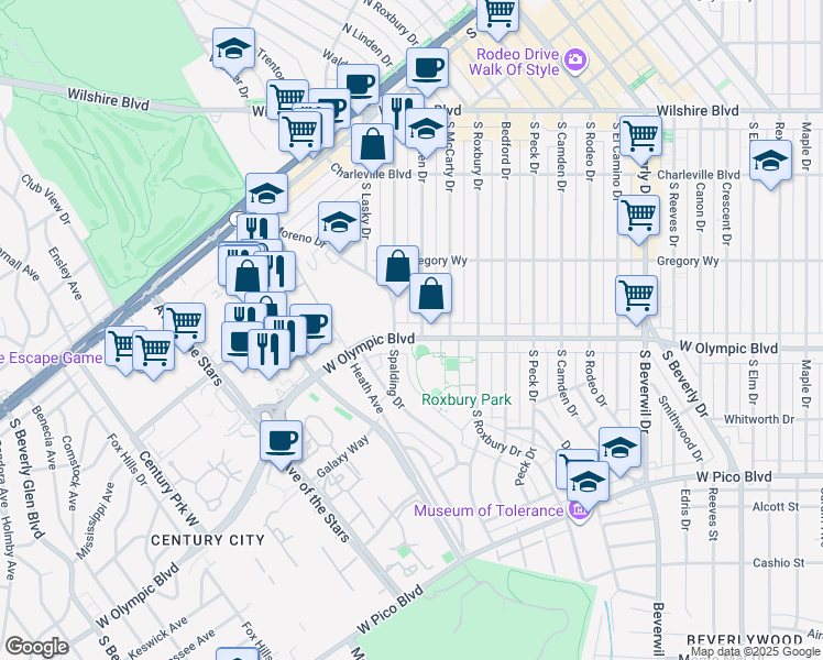 map of restaurants, bars, coffee shops, grocery stores, and more near 340 South Spalding Drive in Beverly Hills