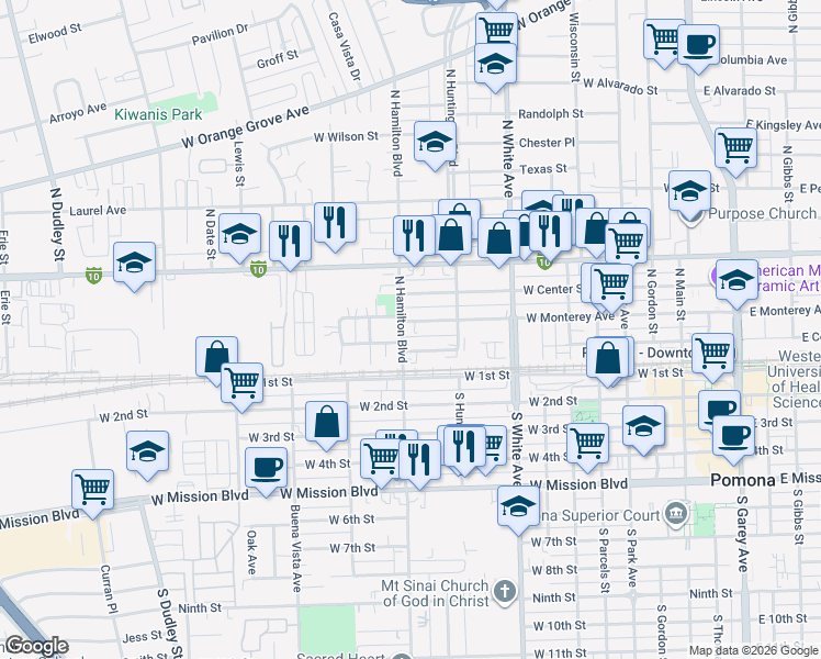 map of restaurants, bars, coffee shops, grocery stores, and more near 792 West Monterey Avenue in Pomona