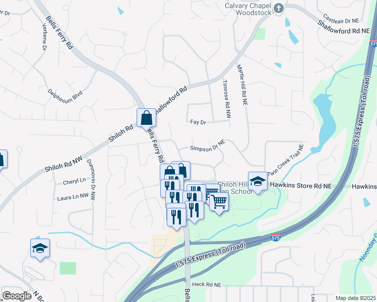 map of restaurants, bars, coffee shops, grocery stores, and more near 215 Simpson Drive Northeast in Kennesaw
