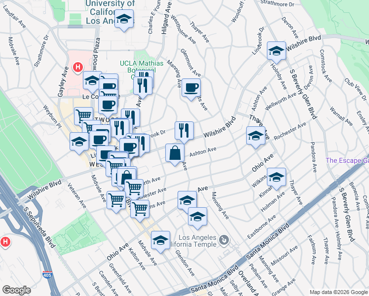 map of restaurants, bars, coffee shops, grocery stores, and more near 10740 Wilshire Boulevard in Los Angeles