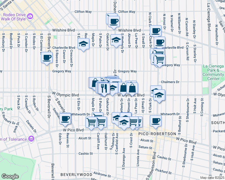 map of restaurants, bars, coffee shops, grocery stores, and more near 363 South Doheny Drive in Beverly Hills