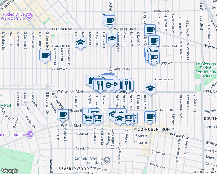 map of restaurants, bars, coffee shops, grocery stores, and more near 361 South Doheny Drive in Beverly Hills