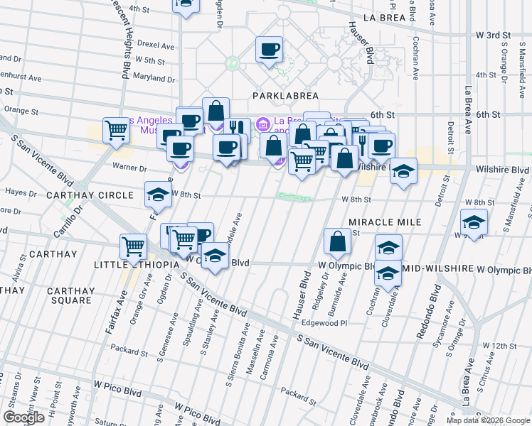 map of restaurants, bars, coffee shops, grocery stores, and more near 807 South Curson Avenue in Los Angeles
