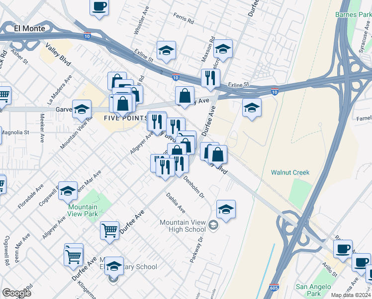 map of restaurants, bars, coffee shops, grocery stores, and more near in El Monte