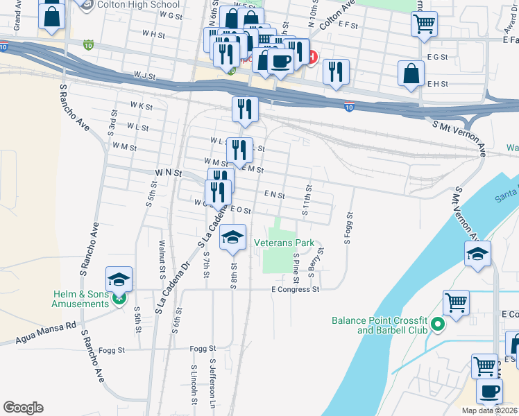 map of restaurants, bars, coffee shops, grocery stores, and more near 206 East N Street in Colton