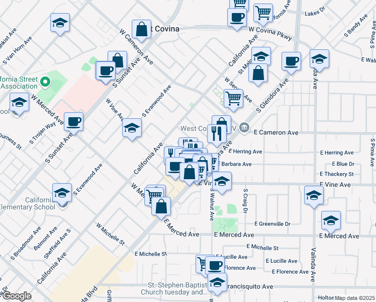 map of restaurants, bars, coffee shops, grocery stores, and more near 902 West Barbara Avenue in West Covina